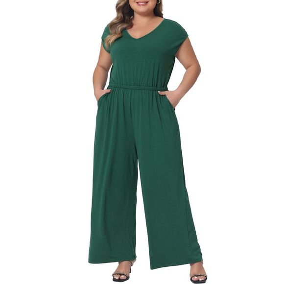 Plus Size Rompers Wide Legs Pants Sleeveless Jumpsuits with Pockets Green - Picture 1 of 6